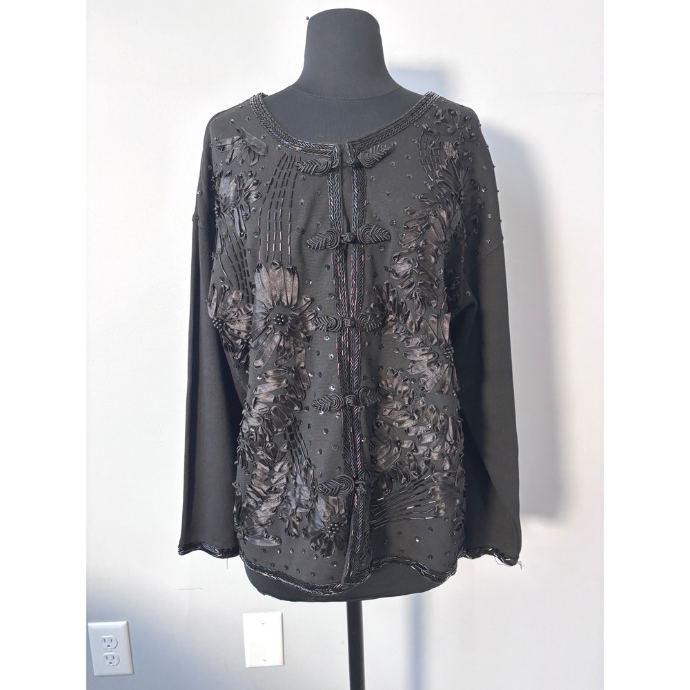 Lisa Ashley Originals Black Beaded Floral Chiffon Cardigan Sweater  Women's Med‎